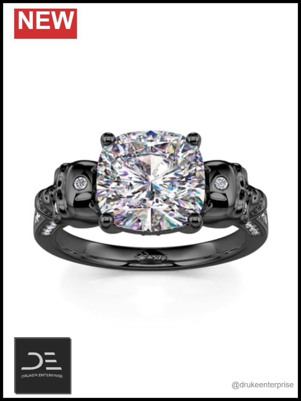 3.9ct Skull Ring Sterling Silver Gothic Cushion Cut Cubic Zirconia Engagement